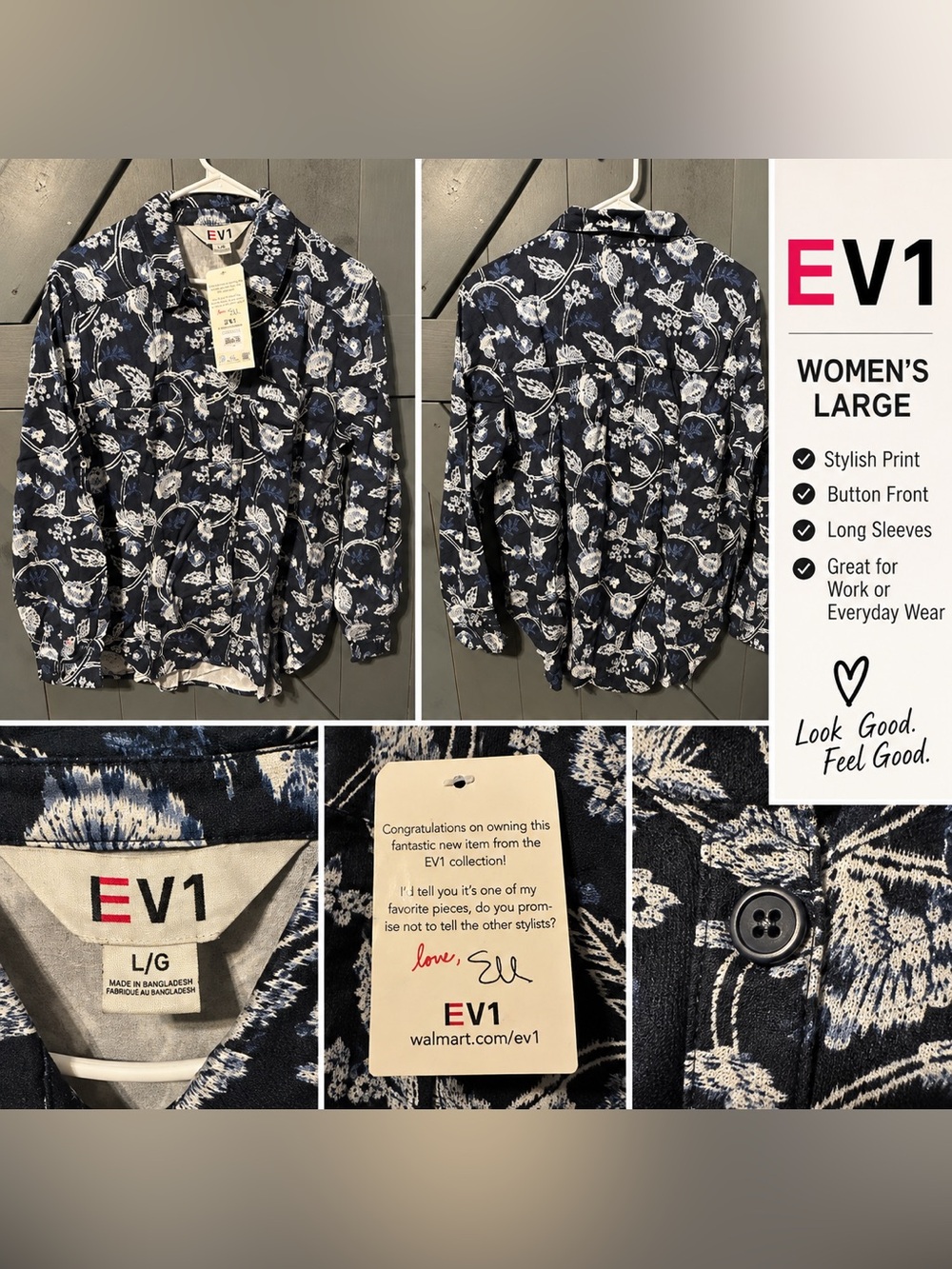 NWT EV1 Ellen DeGeneres Floral Button Down Utility Shirt | Navy & White Size L